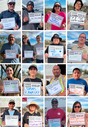 A grid of community members holding handwritten Protect the Rio Salado signs